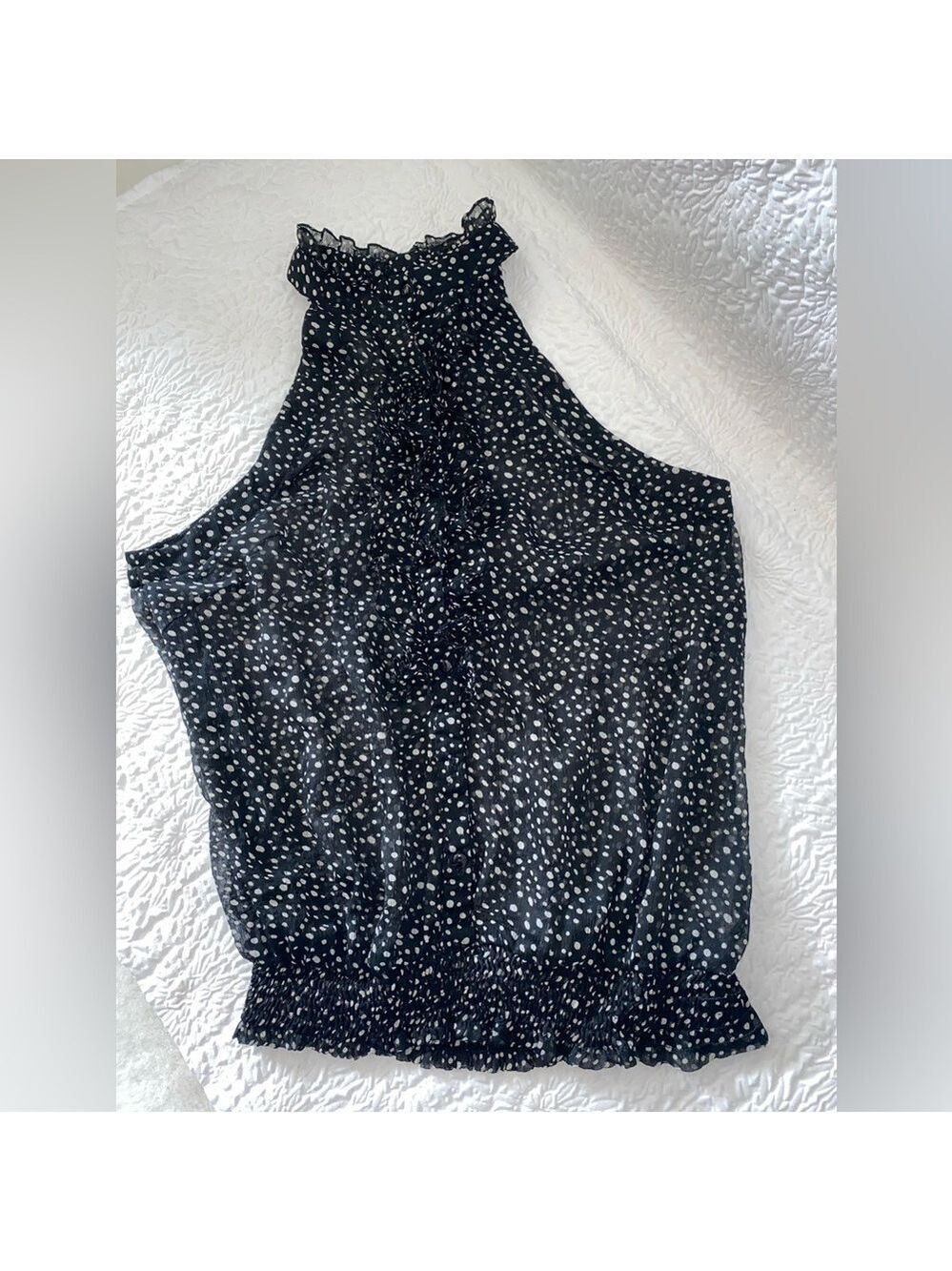 PASSPORT Polka Dot Ruffle Button Up Sleeveless Blouse